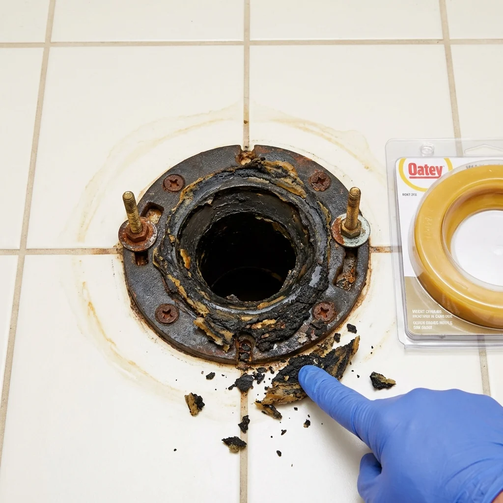 Failed wax ring showing water seepage at the base of a toilet in a Athens, TX home