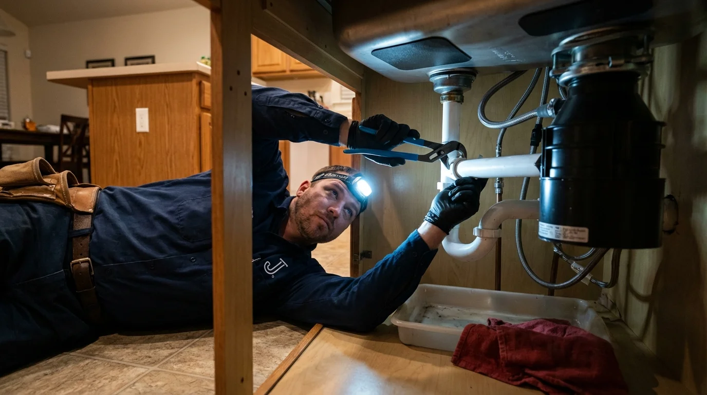 P-trap and supply line connections under a kitchen sink showing a common leak point in Athens, TX